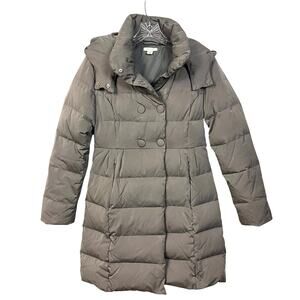 Garnet Hill Puffer Coat 4 Down Filled Gray Button Accents Snap Closure Hood